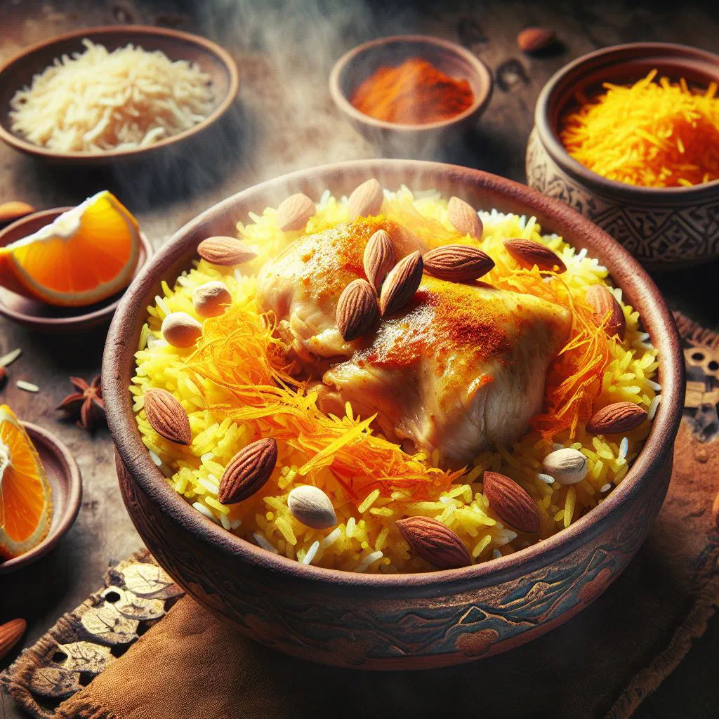 Fragrant sweet rice topped with almonds, pistachios and dried fruit
