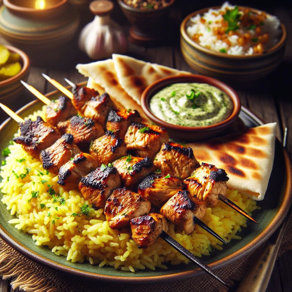 Grilled shish tawook chicken skewers with fresh vegetables and garlic sauce