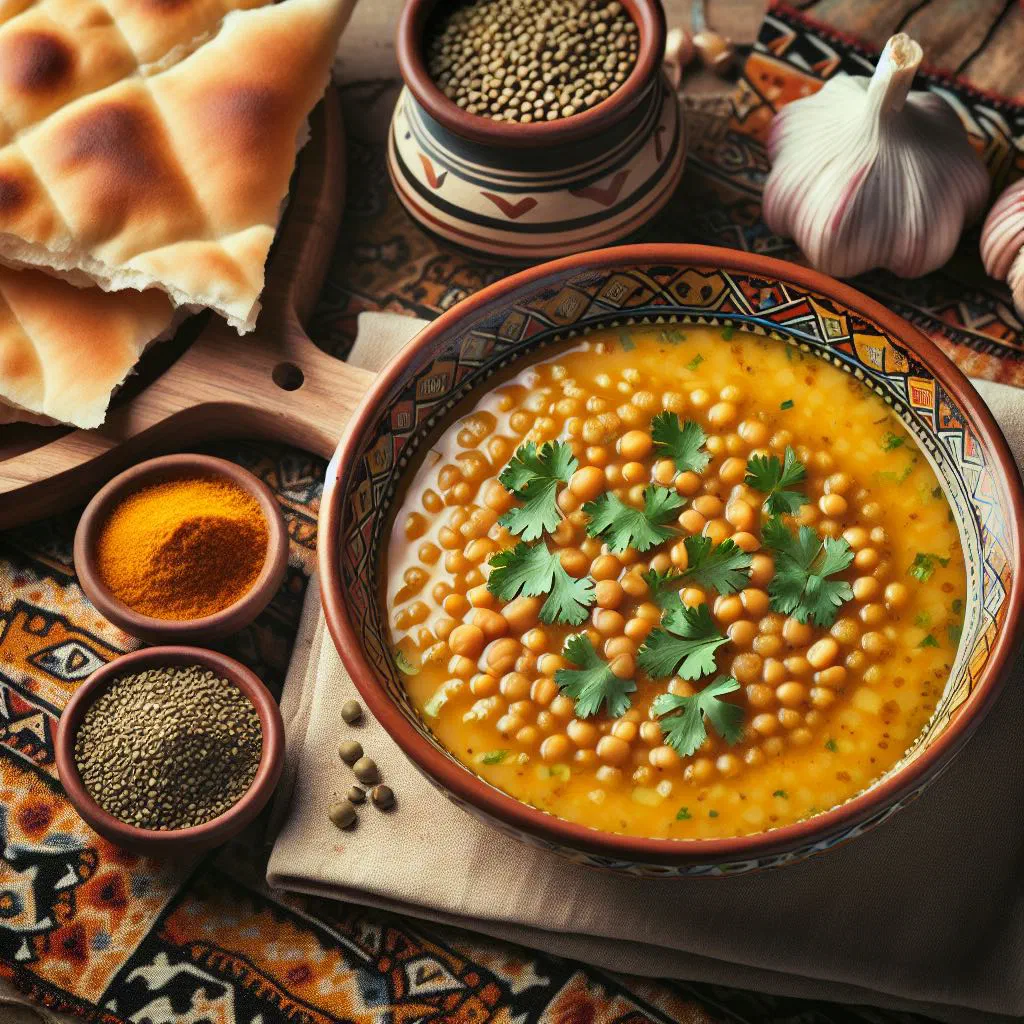 Bowl of Saudi lentil soup garnished with fresh coriander