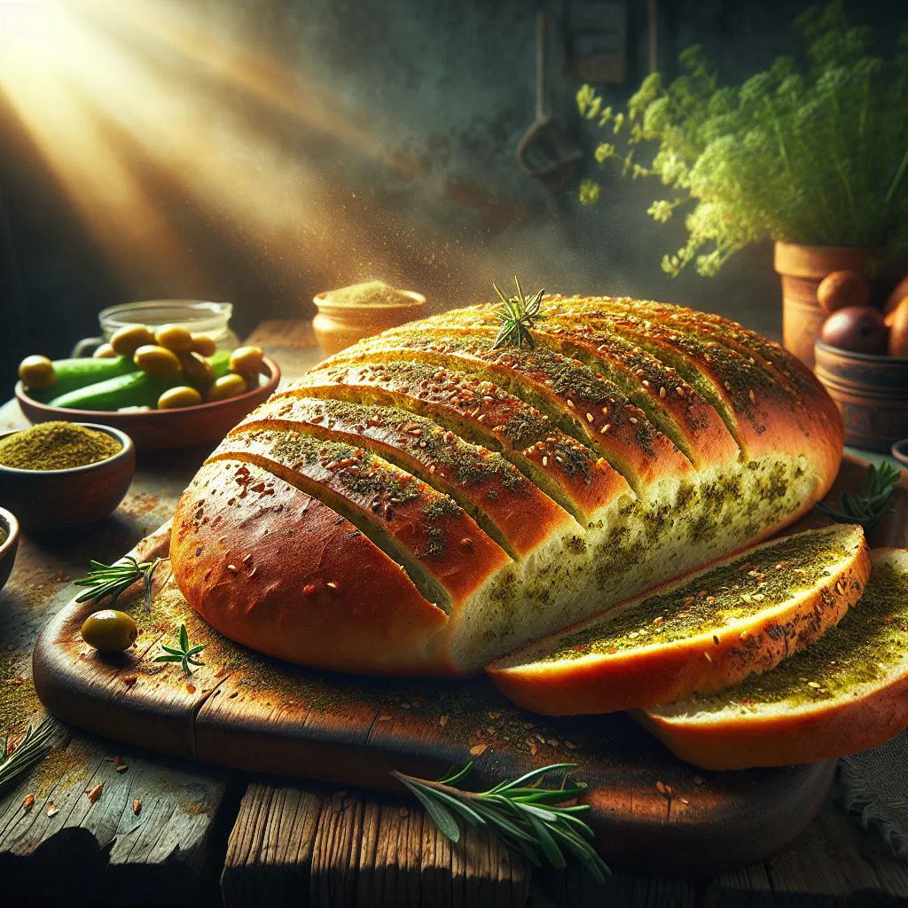 Freshly baked za'atar flatbread topped with herbs and sesame seeds