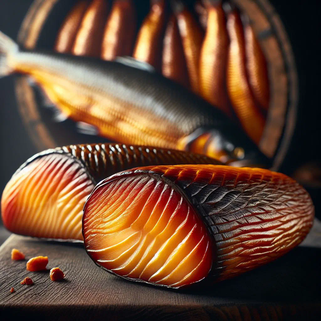 Whole smoked Arbroath Smokies on a wooden board with lemon and herbs