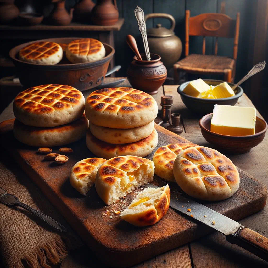 Golden griddle-baked Scottish bannocks on a wooden board