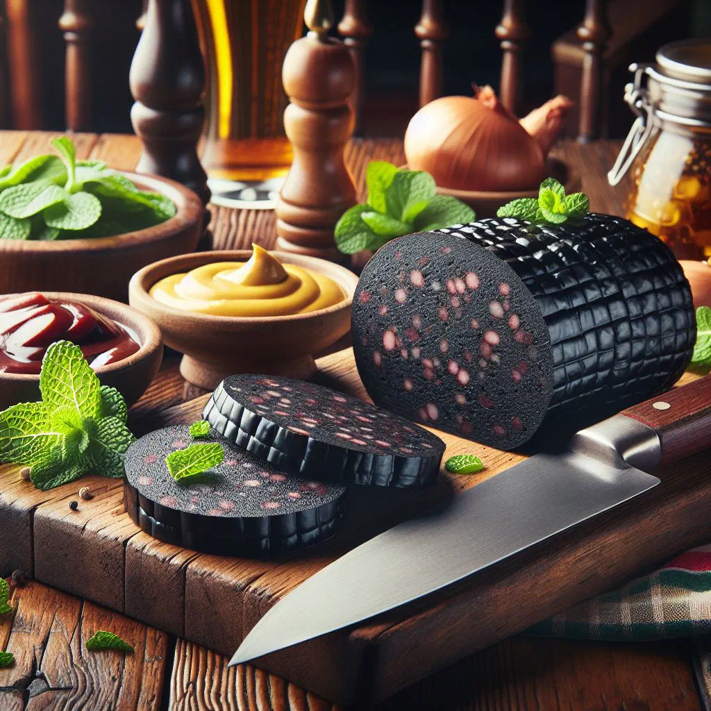 Sliced black pudding pan-fried until crisp on a rustic board