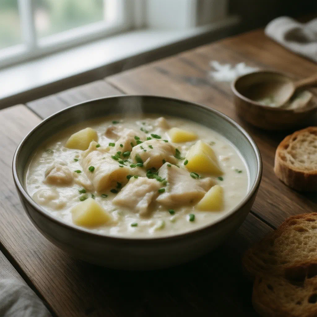 A bowl of creamy Cullen Skink soup garnished with chives