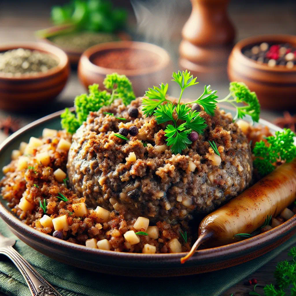 A round haggis served on a plate with mashed neeps and tatties
