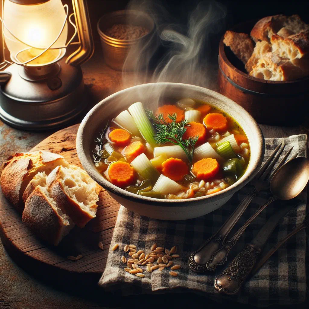 A rustic bowl of Scotch broth with lamb, barley and root vegetables, garnished with parsley