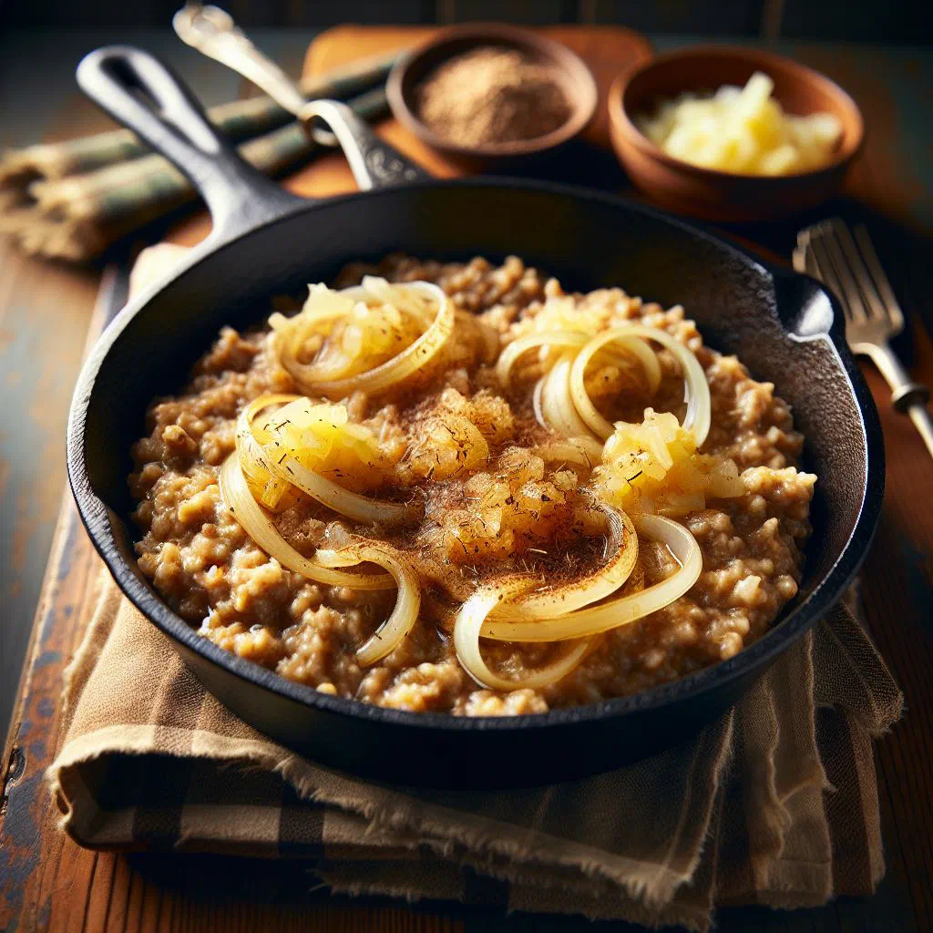A bowl of golden skirlie made from toasted oatmeal and onions