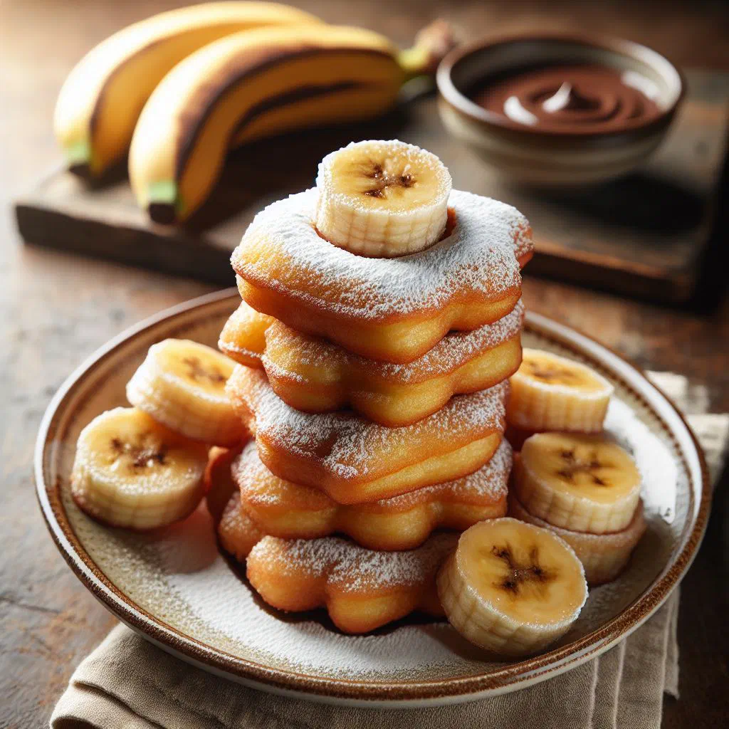 Golden banana fritters dusted with sugar on a plate