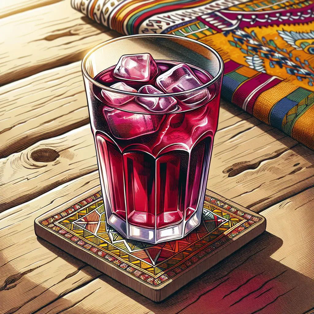 A tall glass of deep-red bissap hibiscus drink garnished with mint
