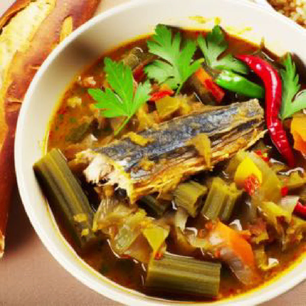 Senegalese caldou with rice, fish and vegetables in a spiced broth