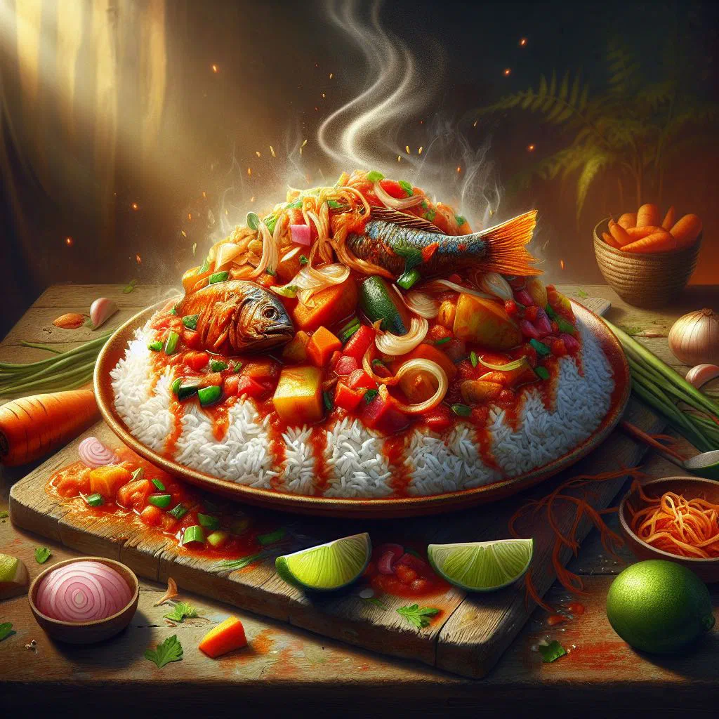 Ceebu Jen with spiced fish, rice and colourful vegetables in a large bowl
