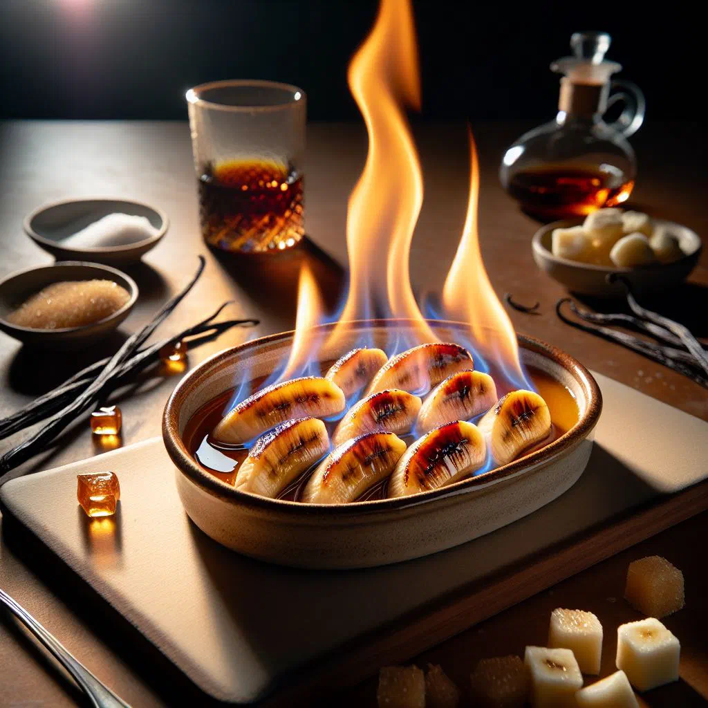 Flambéed bananas caramelised in butter and brown sugar, served warm