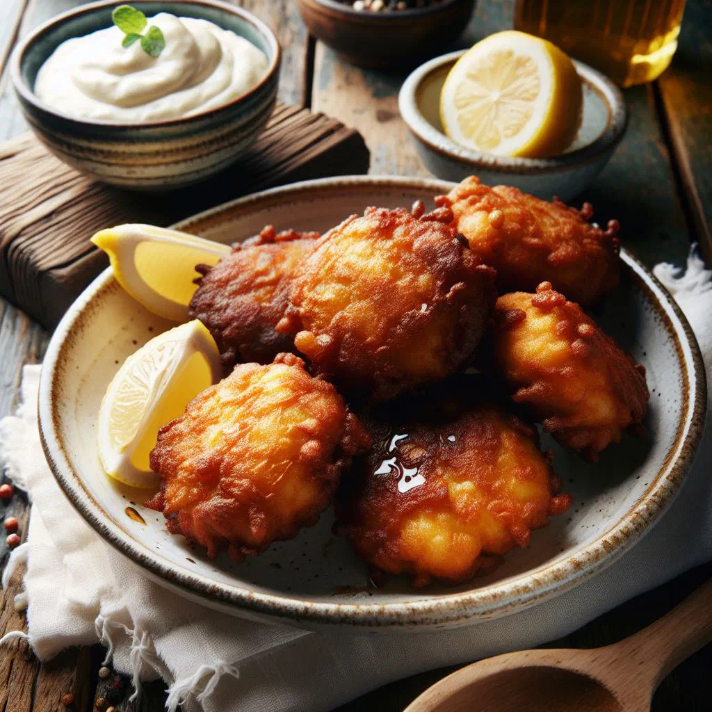 Crispy golden fried fish fillets served with lemon wedges