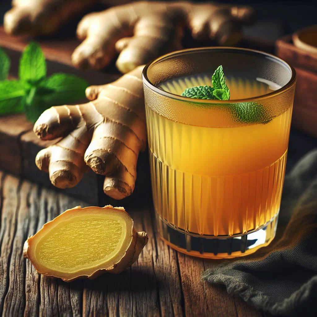 A tall glass of Senegalese ginger juice with ice cubes and fresh mint