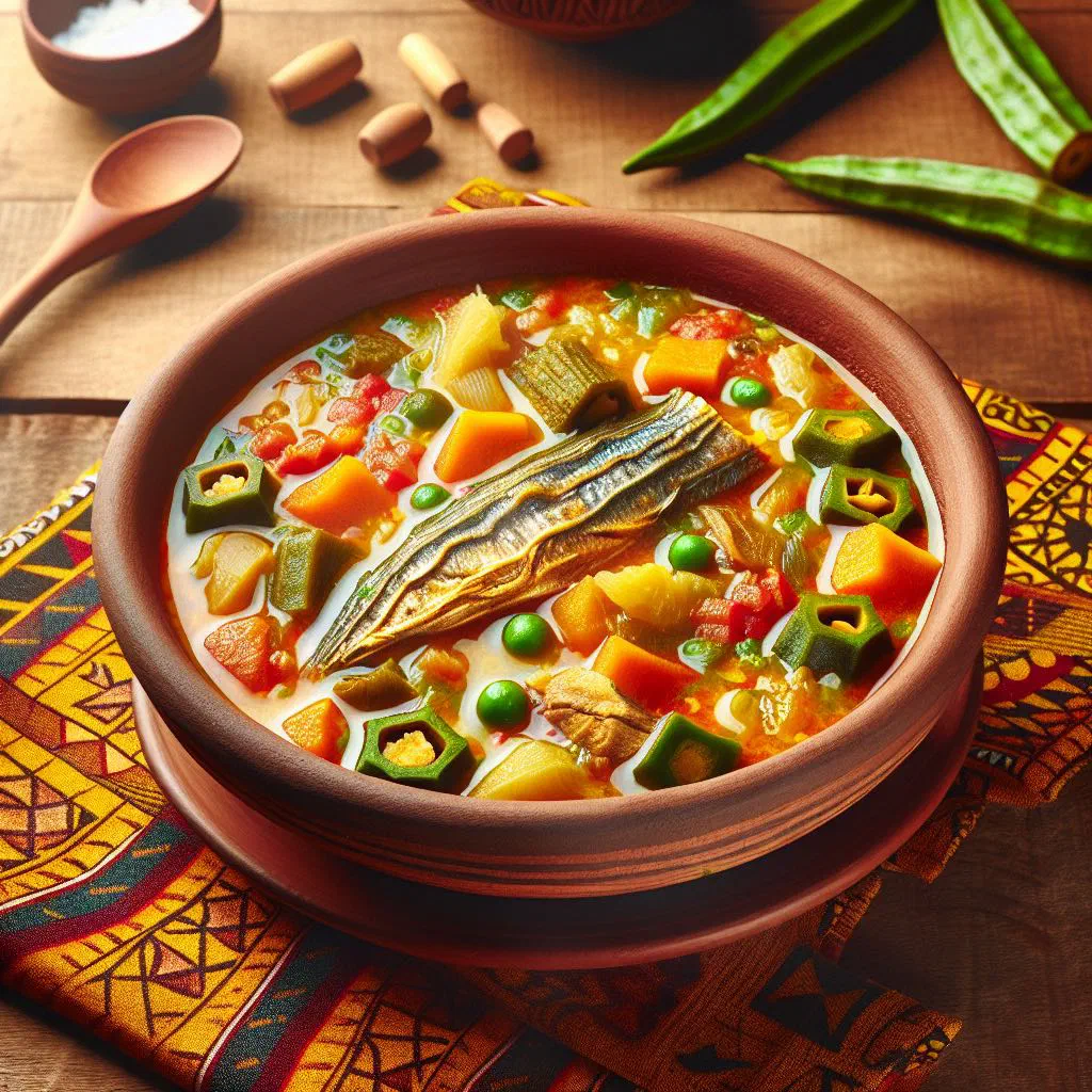 A bowl of Senegalese kanja soup with fish and vegetables garnished with fresh herbs