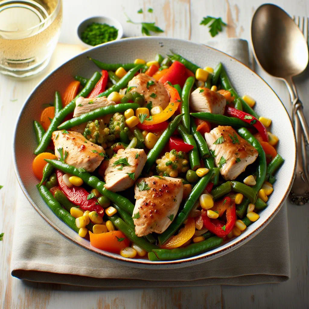 Sautéed chicken with colourful vegetables garnished with fresh parsley