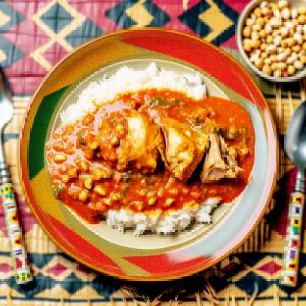 Mafe Gerte stew in a rich peanut sauce served over steamed rice