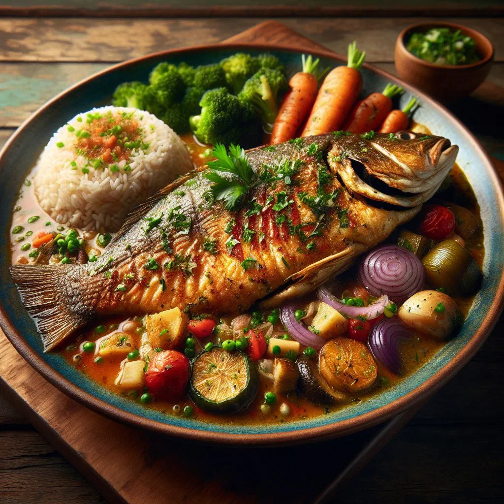 Fish fillets simmered in a red tomato and pepper sauce, garnished with fresh coriander