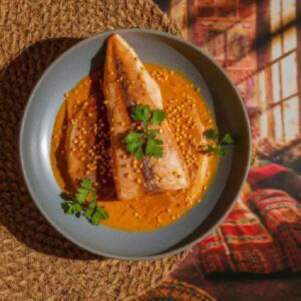 Grilled fish fillets topped with golden caramelised onions and served with rice
