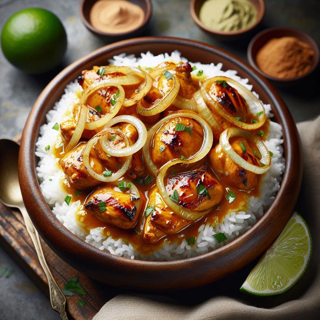 Poulet yassa with caramelised onion sauce served over rice