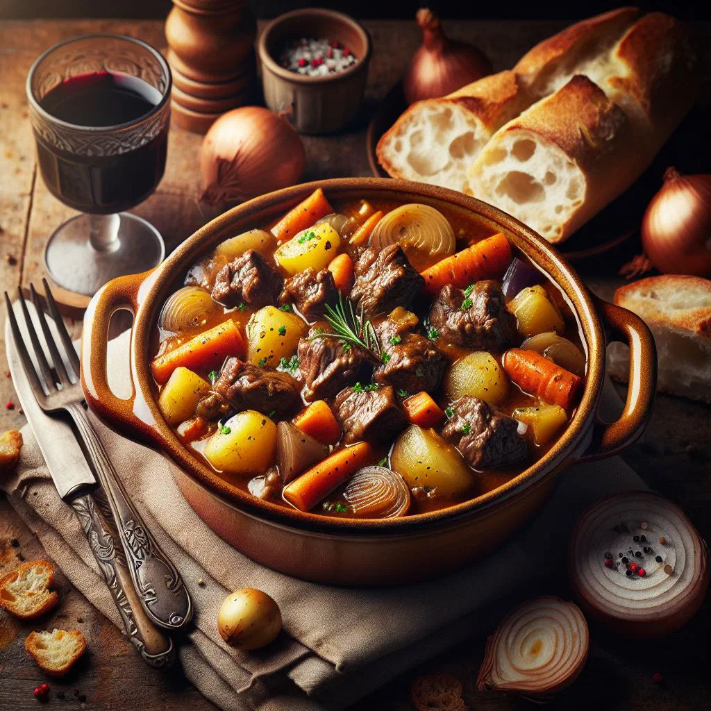 Senegalese lamb stew with carrots and peppers garnished with fresh herbs