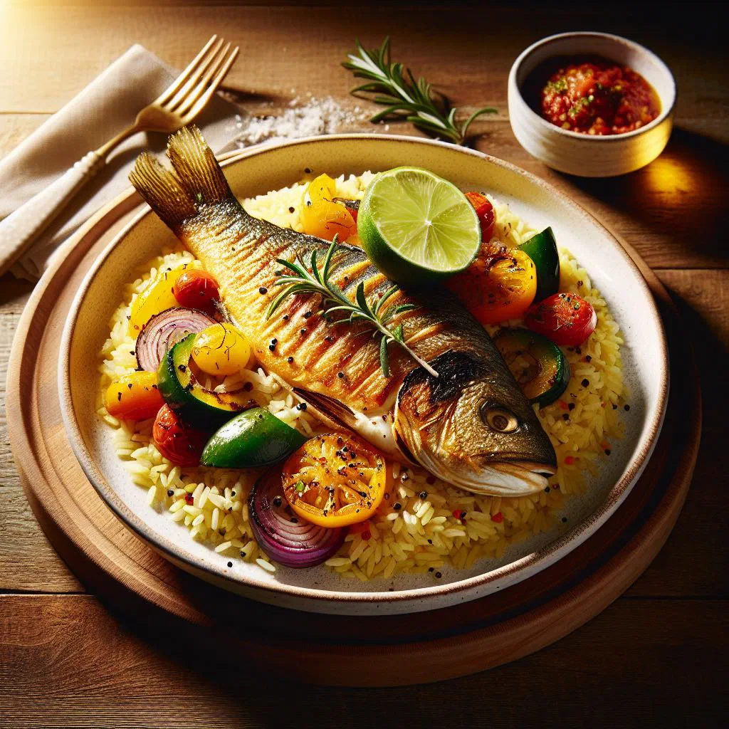 Senegalese riz au poisson with fish, spiced rice and vegetables