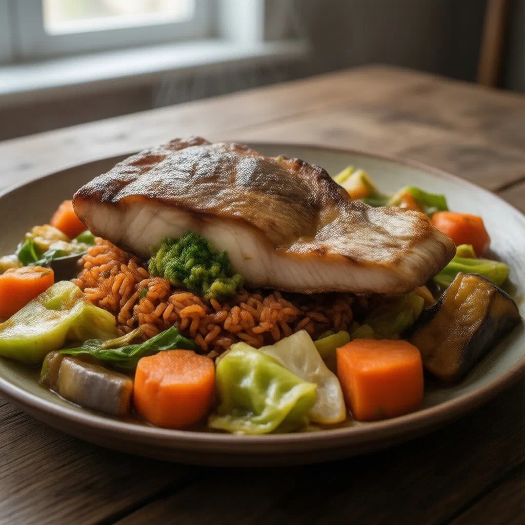Thieboudienne with fish, vegetables and tomato-red rice in a large bowl