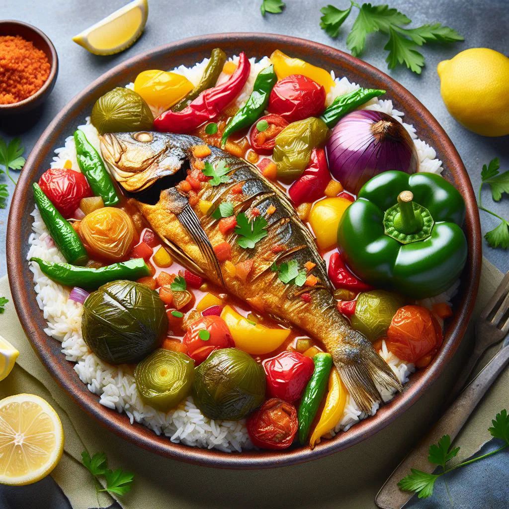 Thieboudienne rouge with fish, tomato rice and vegetables on a platter