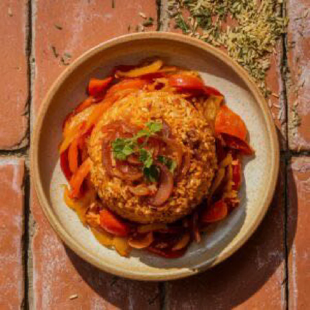 Senegalese Thiéré Bassi Salté with rice, vegetables and chicken in a serving bowl