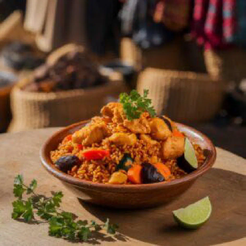 Senegalese thiéré mboum with steamed rice, white fish and spiced vegetables