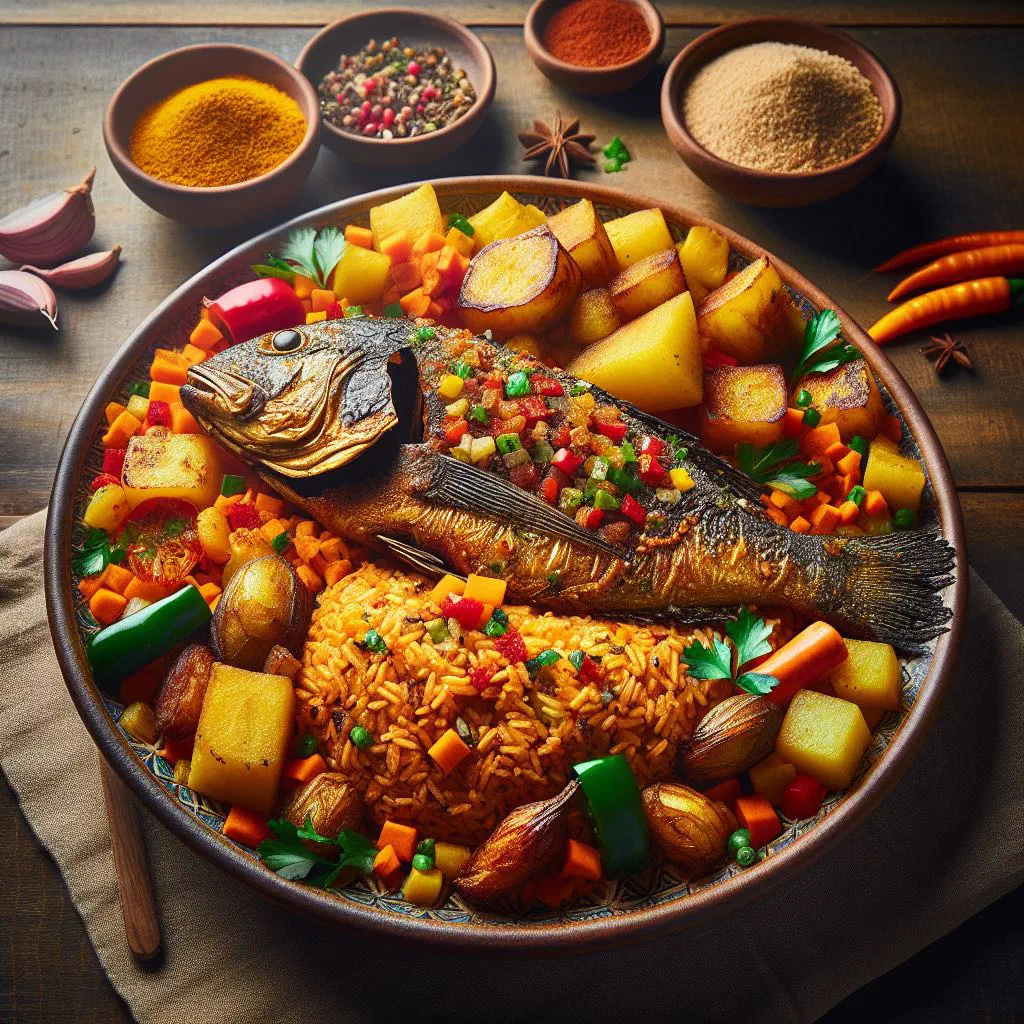 Tiebou dieune with rice, fish and vegetables on a serving platter