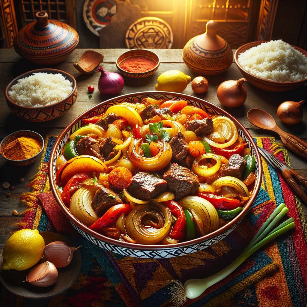 Yassa au bœuf with tender beef in lemon onion sauce served over rice