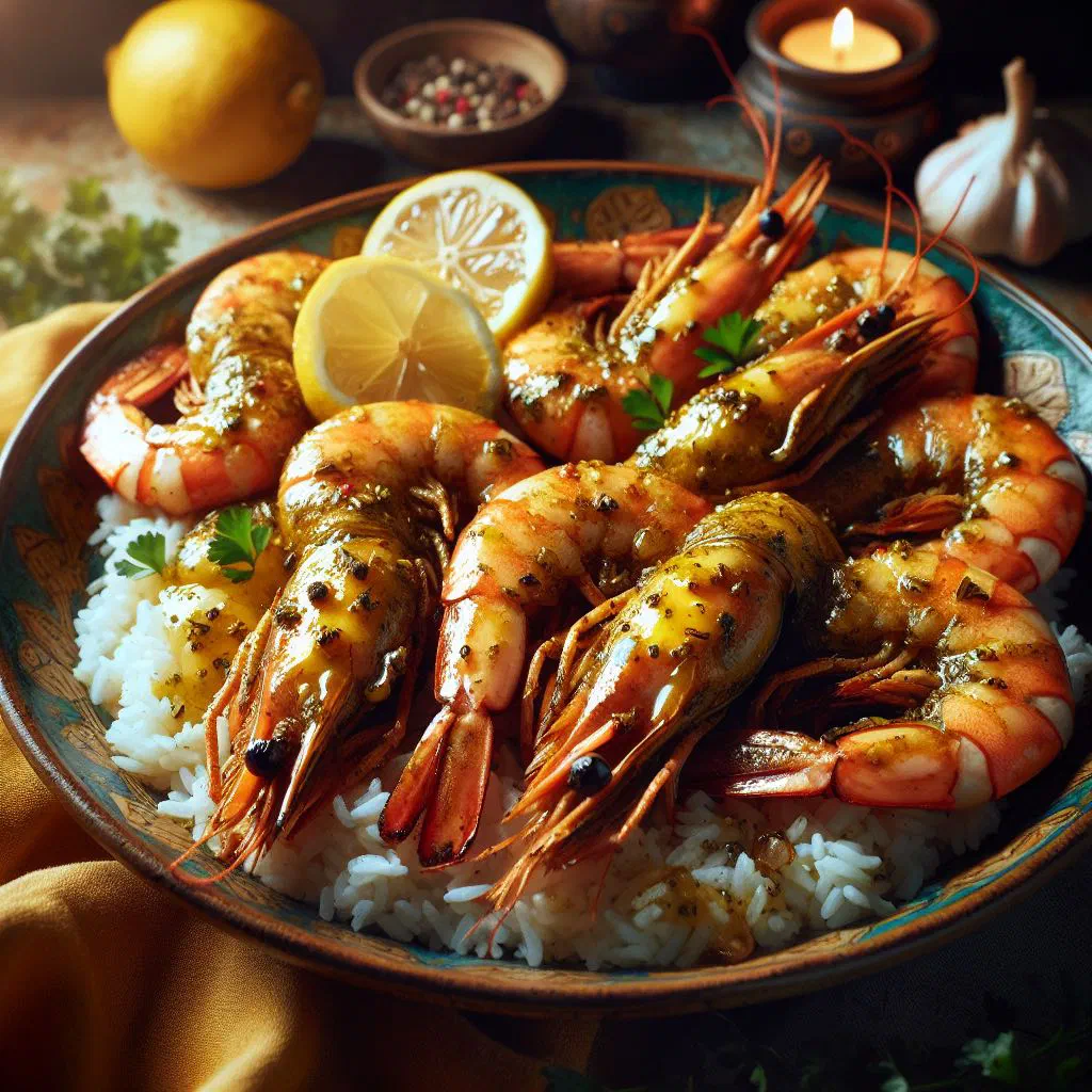 Yassa prawns with golden sautéed onions and fresh coriander