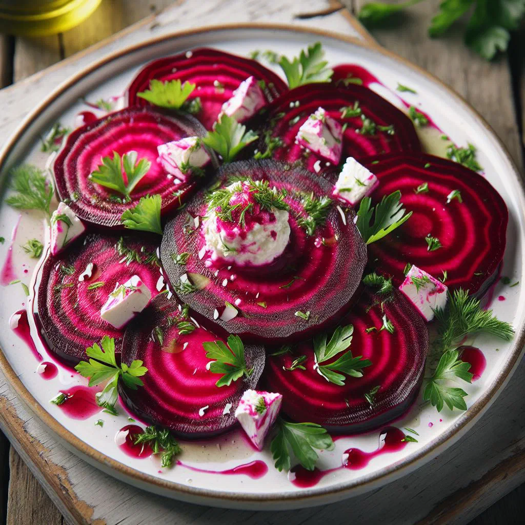 Bowl of vivid magenta beetroot salad with onion and a drizzle of oil
