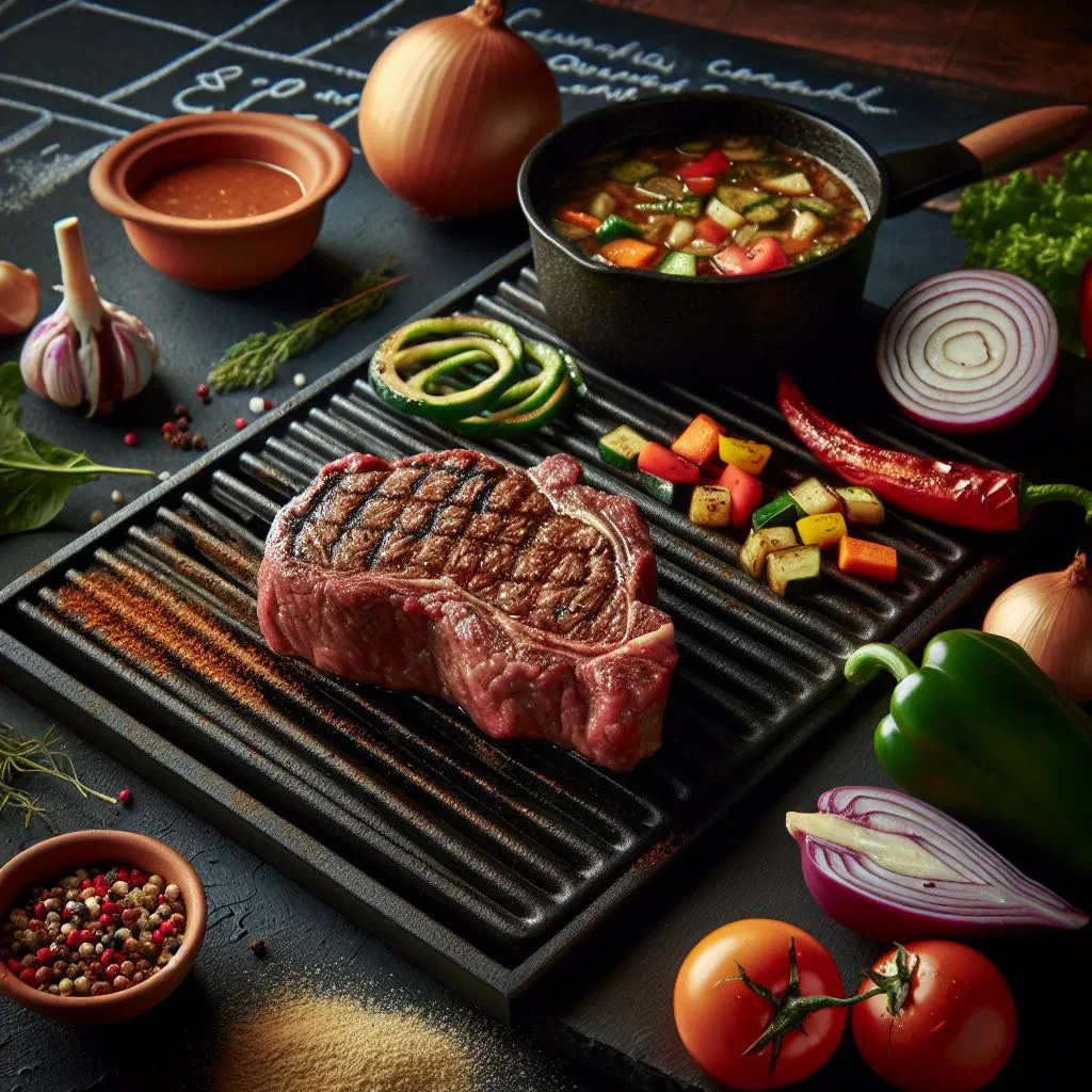 Seared beef steak garnished with fresh herbs and served with chips