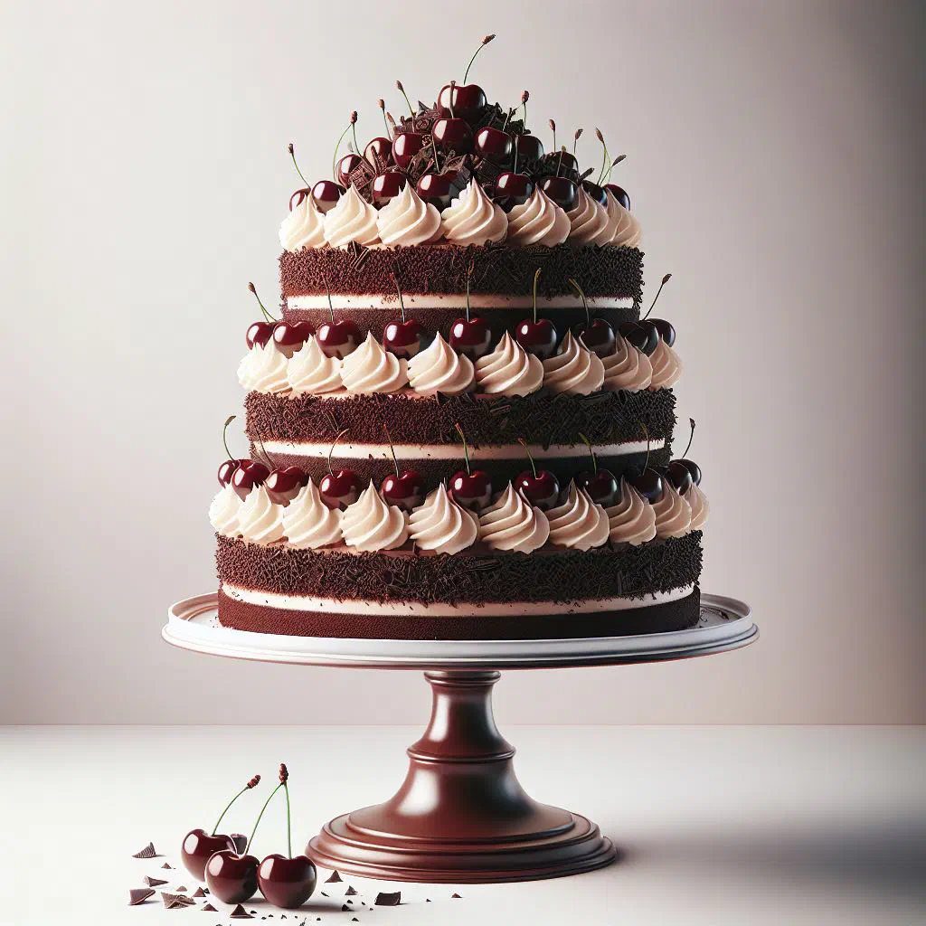 Black Forest gateau layered with whipped cream, cherries and chocolate shavings