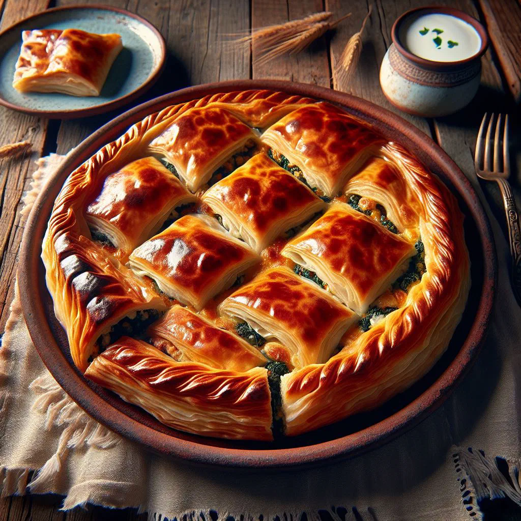 Golden, crisp burek coiled in a round baking tin, cut into slices