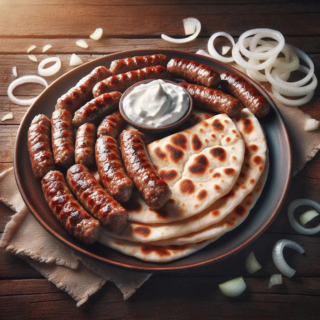 Grilled ćevapi with flatbread, raw onions and a spoonful of ajvar