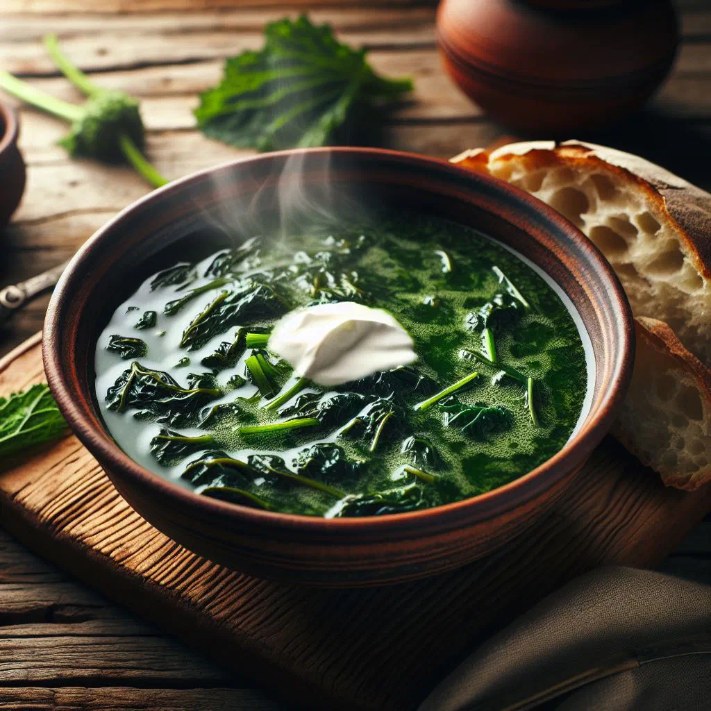 A bowl of creamy Serbian nettle soup garnished with fresh herbs