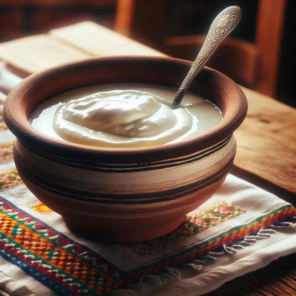 Bowl of thick homemade Serbian yoghurt with a creamy surface
