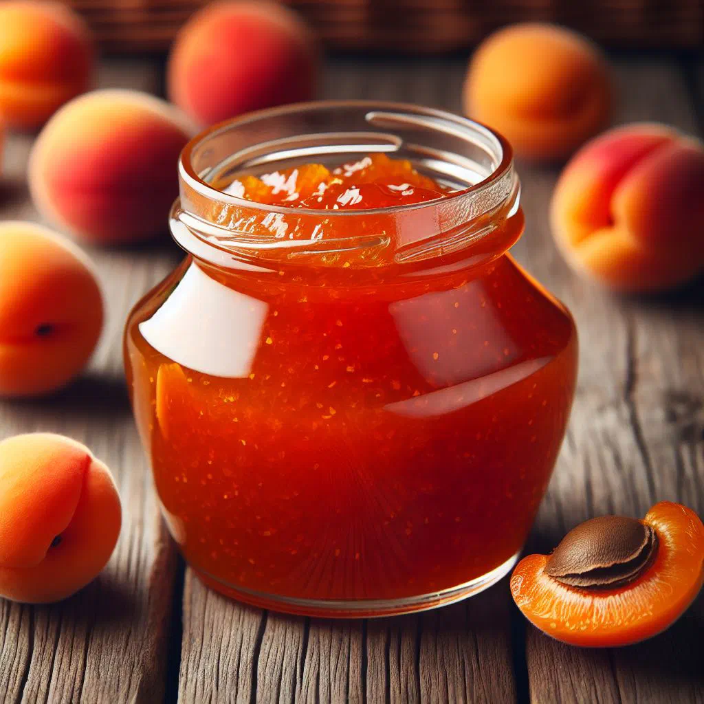 Homemade Serbian apricot preserve in a jar with fresh apricots