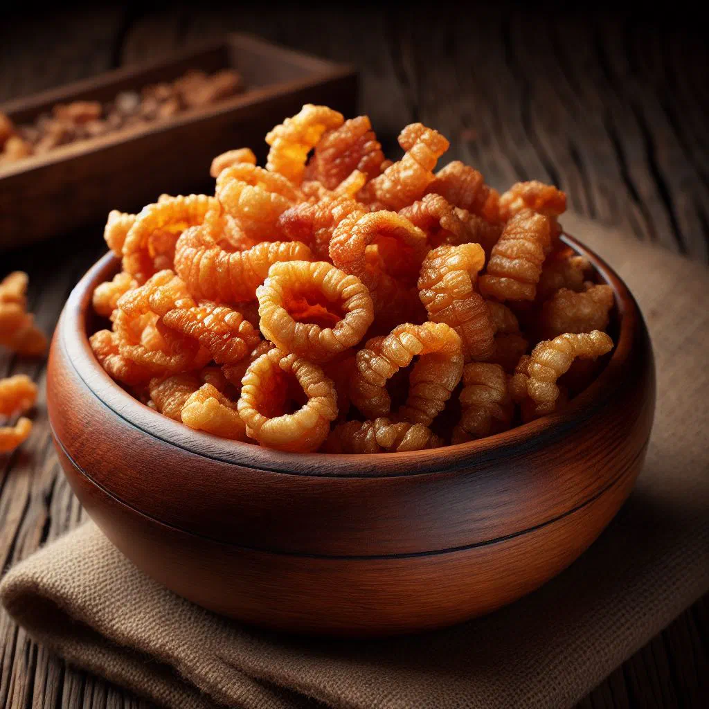Crispy golden duvan čvarci pork crackling on a rustic wooden board