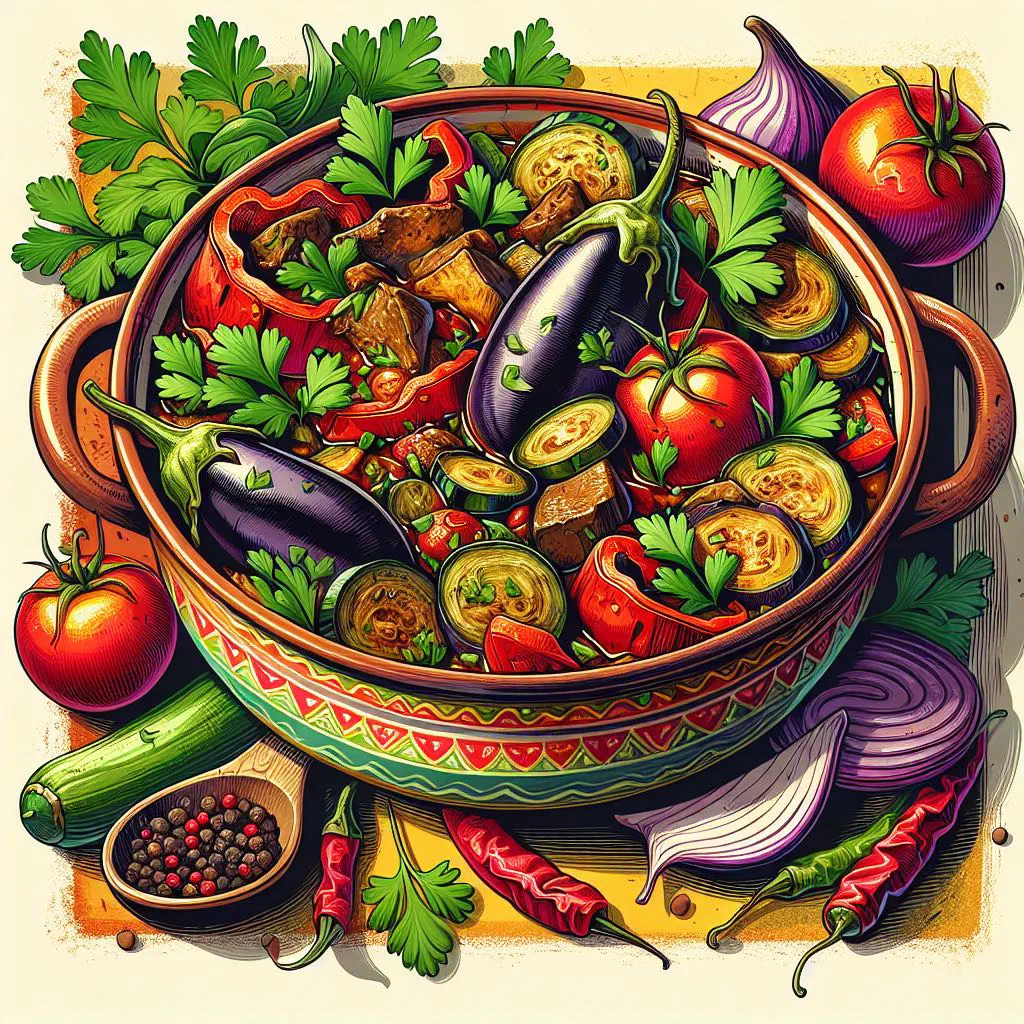 A rustic bowl of Serbian Đuveč with rice, peppers and tender meat