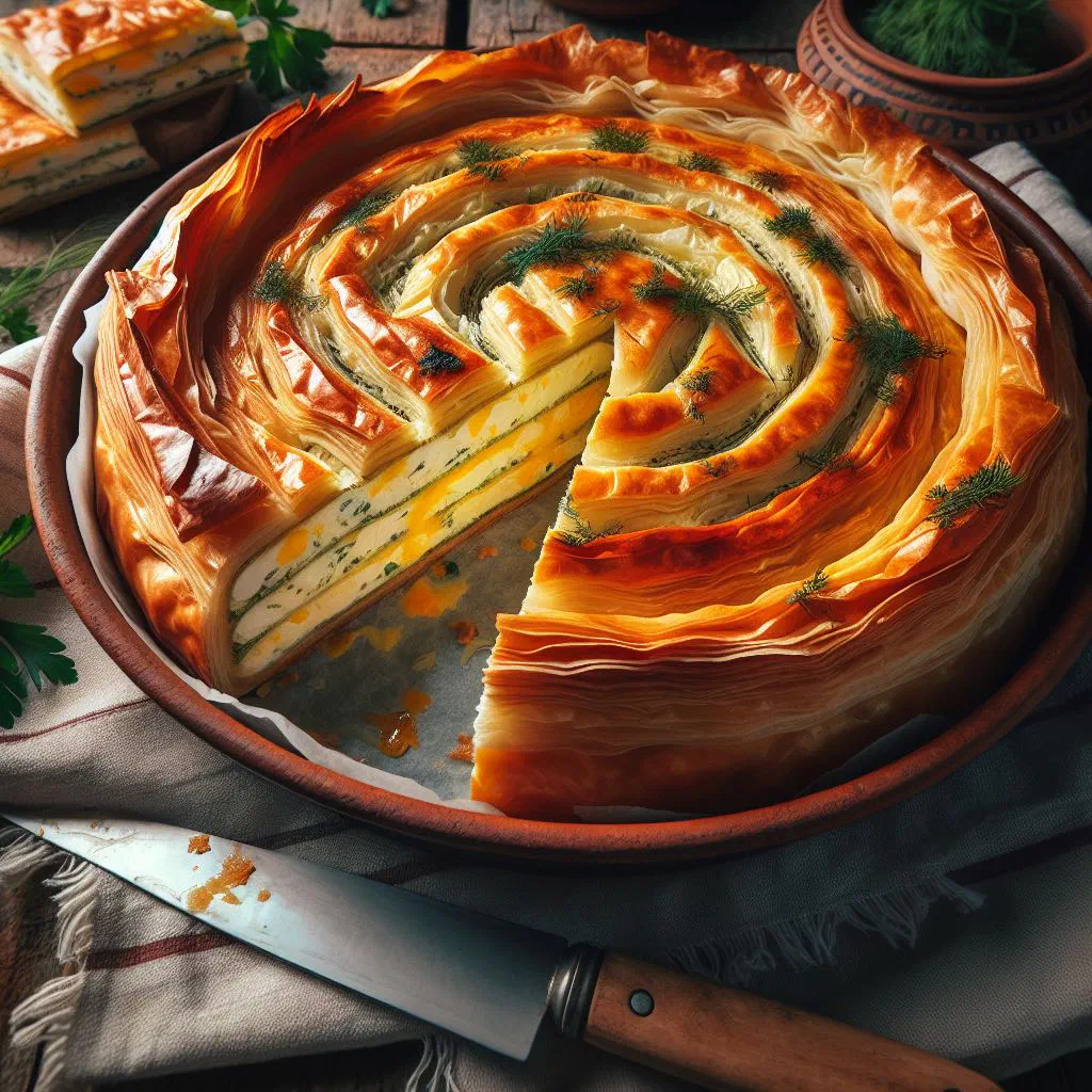 Golden layered Serbian gibanica cheese pie cut into squares