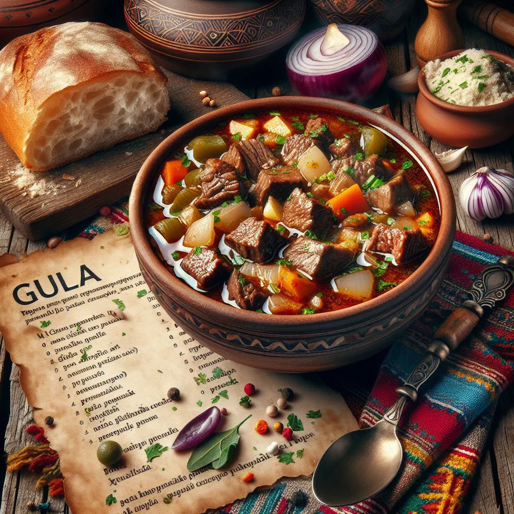 Rich Serbian goulash with tender beef and paprika sauce in a bowl