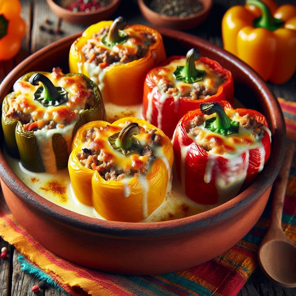 Baked stuffed peppers topped with melted golden cheese