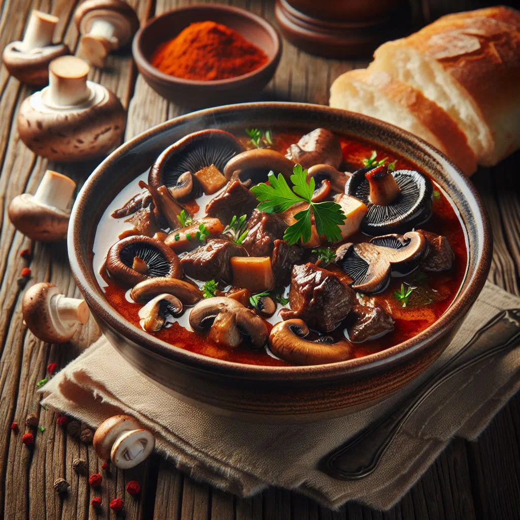 Serbian mushroom goulash with tender beef in a rich paprika sauce
