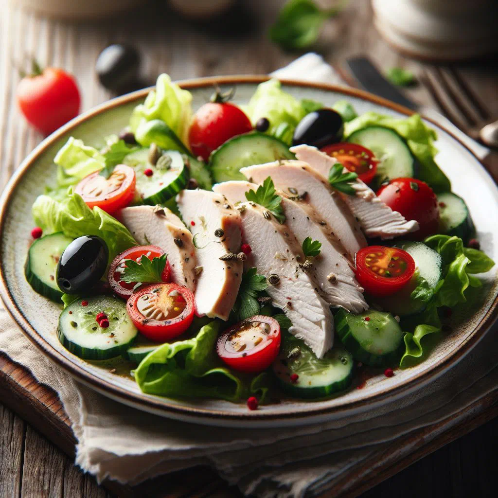 Cold Serbian chicken salad with diced vegetables in a creamy dressing