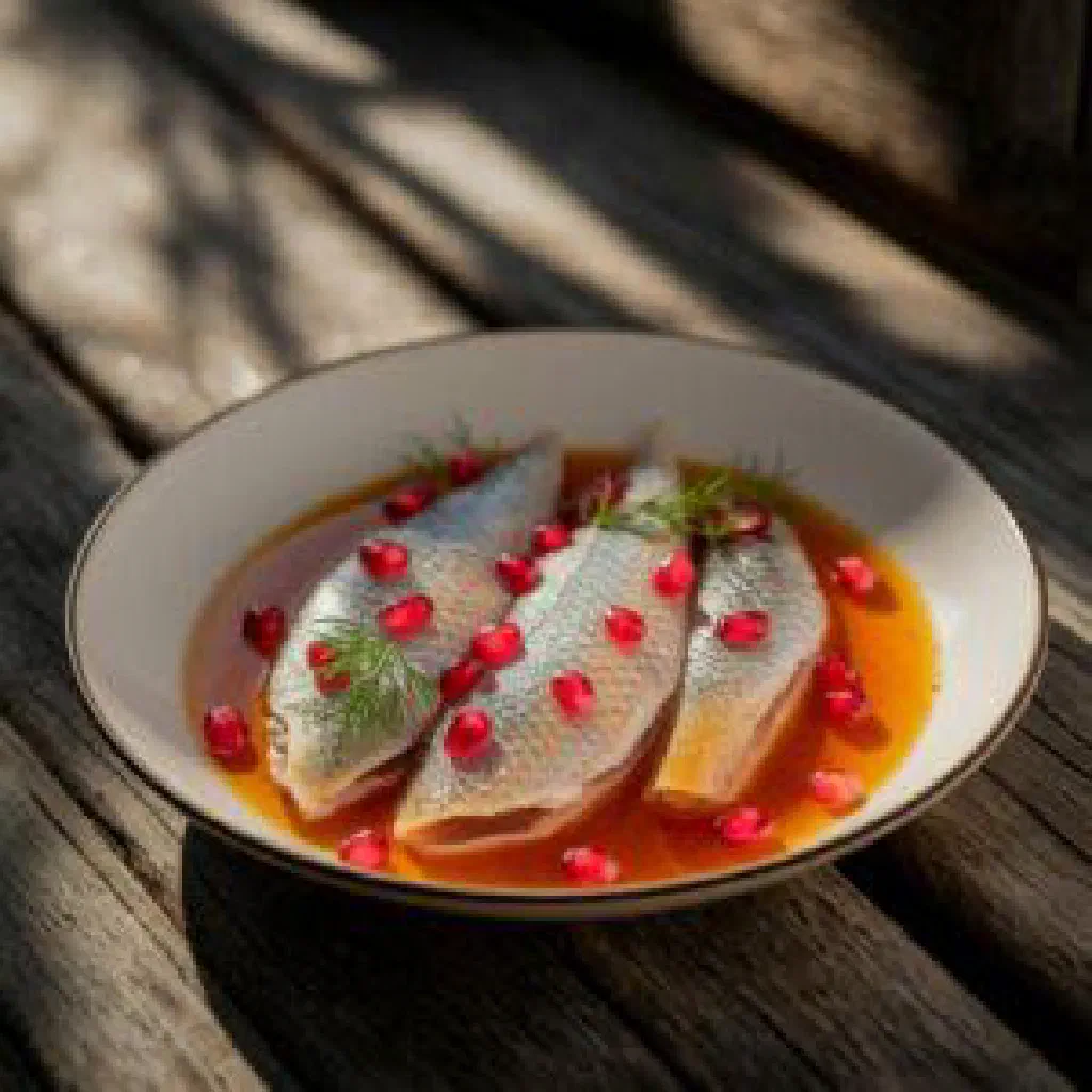 Serbian karaš fiš, a paprika-rich freshwater fish stew garnished with fresh herbs
