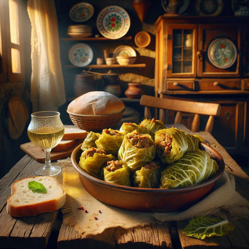 Bowl of fermented Serbian sour cabbage with peppercorns and bay leaves